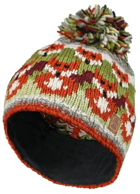 Pachamama Damen Woll-Bommelmütze Fleece gefüttert handgestrickt Fuchs mehrfarbig Einheitsgröße handgefertigt extra warm Fair Trade, Braun, Grün, Grau, Haferflocken, M