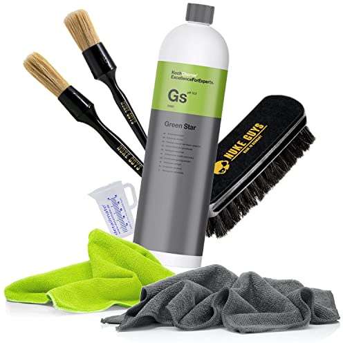 detailmate Allzweckreiniger Set: Koch Chemie Green Star Universalreiniger 1L + Nuke Guys Reinigungspinsel Small & Large + Textilbürste + 2X Premium Mikrofasertuch 320GSM + Messbecher