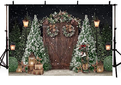 MEHOFOND 2,1 x 1,5 m Weihnachtshintergrund Winter Weihnachtsbaum Geschenk Urlaub Schneeszene Fotografie Hintergrund Holz Tür Weihnachtskranz Tischdekoration Familie Party Banner Foto Studio Requisiten