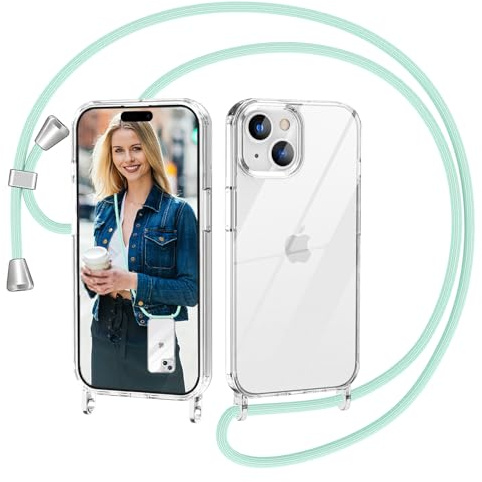 Nupcknn Handykette für iPhone 15 Hülle mit Band,Ultra Dünn Transparent Handyhülle (Abnehmbar Einstellbar) Necklace mit Kordel zum Umhängen Kameraschutz Handy Kette Stossfest Schutzhülle(1.6M,Grün)