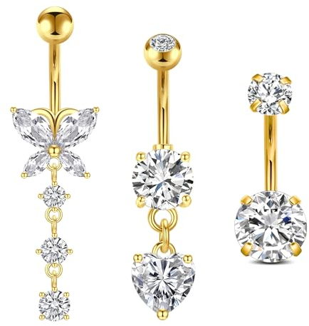 FECTAS 3pcs Bauchnabelpiercing Gold 10mm Chirurgenstahl Bauchpiercing Piercing Bauchnabel Schmuck Herz Schmetterling