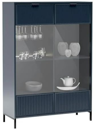 MINIO go for it Vitrinenschrank ASTI, Vitrine mit Weinglashalter 104.8x150x40.6 cm (BxHxT), Glasvitrine Stehend mit LED Beleuchtung, Fachböden und Schubladen, Shrank für Wohnzimmer - Farbe Indigo