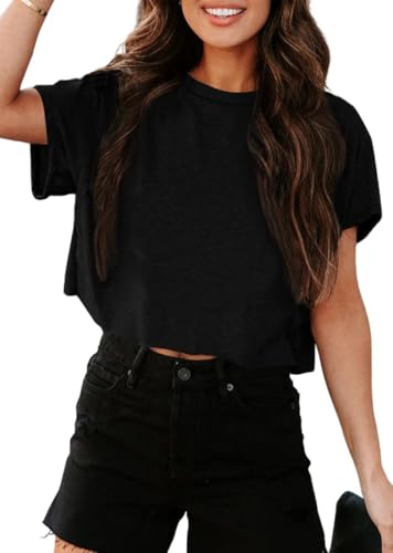 UNCLECAT Women's Cropped T Shirts Trendy Short Sleeve Crew Neck Crop Tops Solid Basic Tee