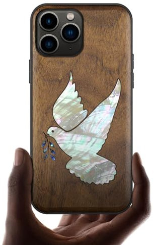 Carveit Étui pour iPhone 11 Pro Coque [Gravure en Bois et Incrustation de Coquille] Cover Compatible avec Apple 11 Pro Luxe et Case Etui Bois (Noyer-Colombe Blanche)