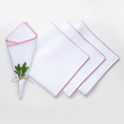 D'Moksha Homes Leinenservietten, 50,8 x 50,8 cm, 100 % reines Leinen, weiße Stoffservietten mit altrosafarbenem besticktem Rand, 4 Stück, gewellte Servietten für Weihnachtsdekoration,