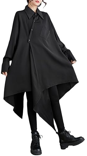 ellazhu Women's Oversized Solid Color Long Sleeve Back Slit Flowy Irregular Hem Dress GZ150 Black