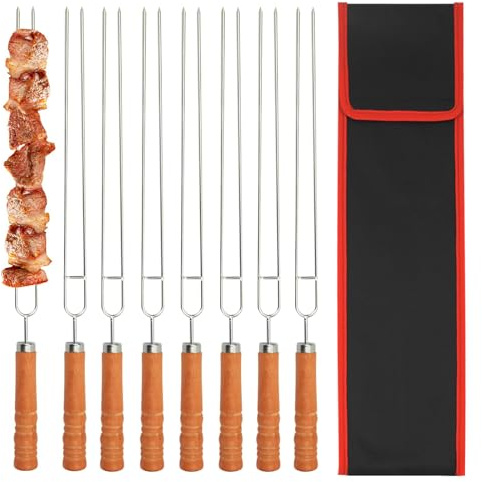BIGP 8 brochetas para barbacoa con bolsa de nailon, 41,8 cm, pinchos planos de acero inoxidable, evitan la formación de óxido, mango de madera, brochetas dobles para barbacoa Kabob, para fogatas o
