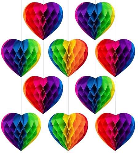 Pride Decorations 10 Pcs Rainbow Paper Honeycomb Balls Hanging Heart Party Decorations LGBTQ Gay Pride Accessories Lesbian Celebration Festival Wedding Carnival Home Indoor Outdoor Decor