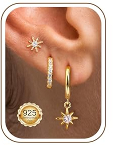 Morfetto Huggies-örhängen i 925 sterlingsilver, stift, set för flera piercingar, allergivänliga, 14K guldörhängen, fina små ringörhängen, broskörhängen för kvinnor, 3 par, Sterlingsilver, Ingen