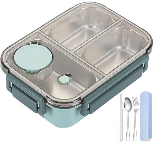 Escentio Stainless Steel Lunch Box - Adult Bento Box, Portable, Leakproof, Stackable, Large Capacity, Dishwasher Safe (3-Grid, Green)