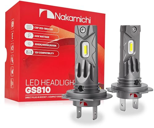 Nakamichi GS810 Series H7 LED żarówki do reflektorów i świateł przeciwmgielnych do wymiany, 12 000 lumenów 44 W na komplet, ciepła biel, Plug and Play, wiązka 1:1, zestaw 2 szt., 3000K, H7