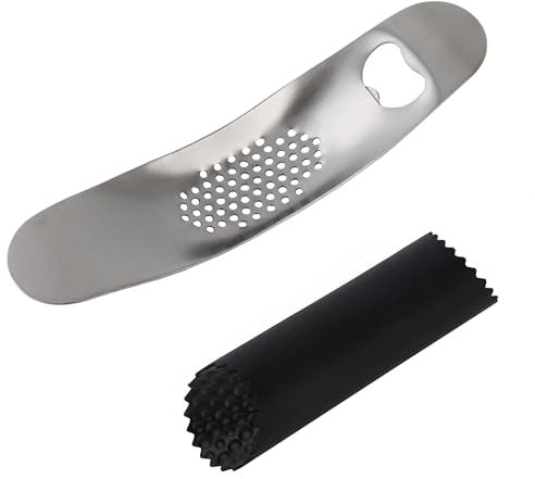 Garlic Press Rocker Stainless Steel with Garlic Peeler Tube Set Garlic Crusher Mincer Bottle Opener 2 in 1 Kitchen Tools