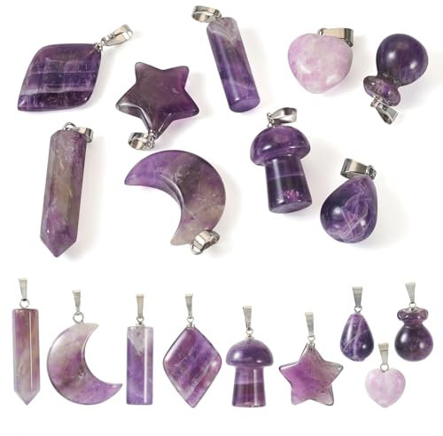 Craftdady 9 ciondoli in pietra mica viola, ametista naturale, ciondoli pendenti a goccia, luna, rombo e stella, con risultati in ottone, per la creazione di gioielli e collane artigianali, Pietra