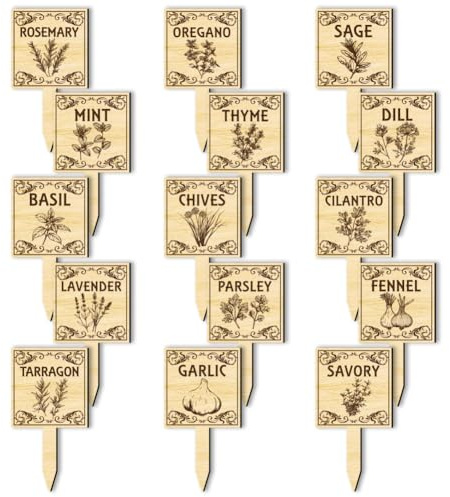 arricraft 15 Stück Kräuterpflanzen Etiketten Holzmarkierungen T Typ Tags Gartenetiketten Mit Aufgedrucktem Retro Muster Holz Gartenstecker Für Den Innen Und Außenbereich Topfsamen Kräuter Und Kräuter