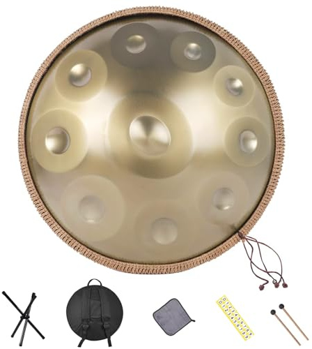 Handpan-Trommel, 22 Zoll, 10 Töne, 440 Hz, in d-Moll, Stahlhandtrommel mit weicher Handpan-Tasche, harmonische Perkussion für Klang, Handpan-Instrument für persönliche Meditation, Yoga (Gold)