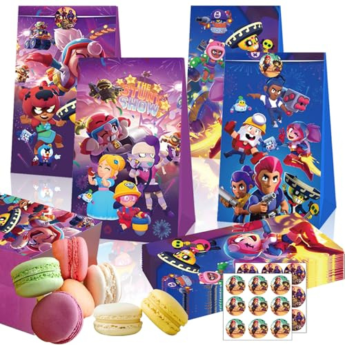 Geschenktüten, Papiertragetasche mit Kordelgriff, Kraftpapiertüte, 12 Stück Papier Partytüten, Papiertüten mit 2 Aufkleber Aufklebern, Taschen Krafttüten für Kindergeburtstag