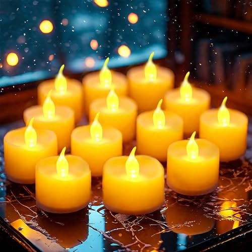 LQWELL Lot de 12 bougies chauffe-plat LED à flamme vacillante réaliste, à piles, jaune chaud, en plastique, 3,2 x 3,6 cm, pour mariage, fête, festival, décoration d'intérieur