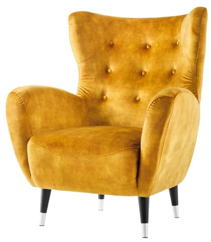 Sessel DON - 88cm - senfgelb - Samt Holz-Gestell Federkern Retro | hoher Komfort, pflegeleicht, Design, Eyecatcher