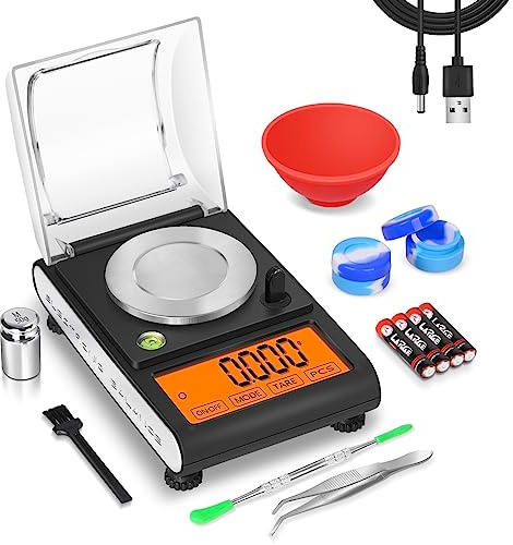Fuzion Báscula miligráfica de 50 g/0,001 g, escala digital de mg con pesos de calibración, báscula de joyería con pinzas, cuchara, cuenco, cepillo, microescala para polvo, oro, hierba, pantalla grande