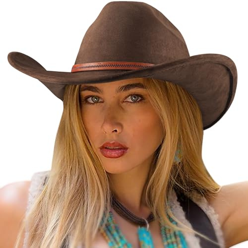 DRESHOW Cowboyhatt för Kvinnor och Män Cattleman Western Cowboy Cowgirl Hattar Utomhus Bred Brätte med Bältesspänne Unisex Upprullade Kepsar