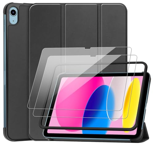 Funda para iPad (A16) 11ª Generación 2025 11 Pulgadas/iPad 10ª Generación 2022 10,9 Pulgadas, Flip Carcasa con 2 Piezas Cristal Templado Protector de Pantalla, Auto-Reposo/Activación - Negro