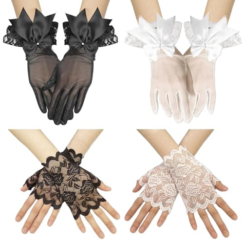 YiiHHooN Guanti Corti in Pizzo, 4 Paia di Guanti in Pizzo Neri con Fiocco, Guanti a Rete da Donna Senza Dita Neri E Bianchi per Natale Matrimoni Feste Tea Party Costume Halloween