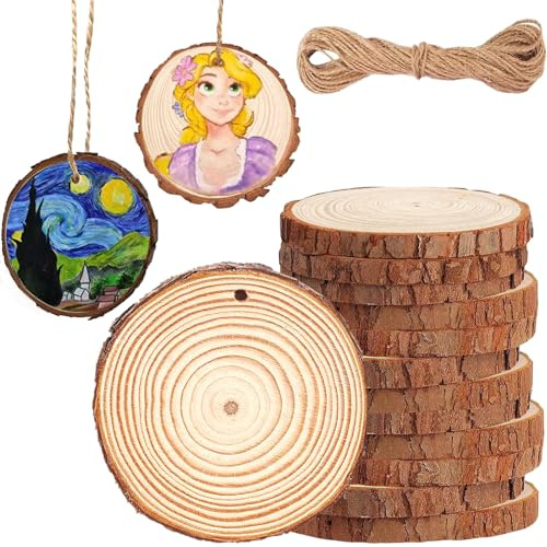 12 Pcs 7-8cm Natural Wooden Discs, Drilled Wooden Circles Can be Used as Pendants or Ornaments. Wedding Decorations, Christmas Decorations，