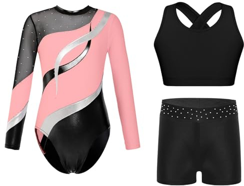 Sinleey 3-teiliges Gymnastikanzug Mädchen Turnanzug Langarm Kinder Leotard Tanz Ballet Mit Shorts und BH Sports Gymnastik Outfit Sport Fitness Set Kostüm