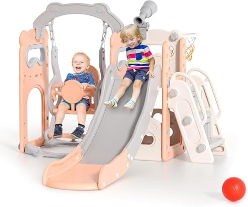 Kinderrutsche, große Kleinkind Rutsche mit Basketballkorb,Klettergerüst für den Garten, Teleskop, Stauraum, für 1-3 Jahre,extra Lange 1700 mm (((Sechs-in-eins-Spielzeug Naughty Bear Beige Pink)))