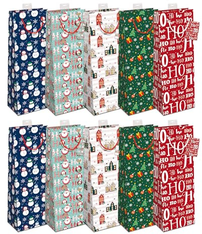 Geschenktüten Flaschen Weihnachten | Stabiler Boden, Randverstärkung | FSC®-zertifizierter Karton (150 g/m²) | Griff & Beschriftungskarte | Flaschentüten Weihnachten (12×39×10 cm), 10 Stück