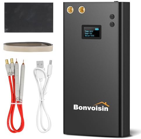 Bonvoisin Akku Punktschweißgerät, 11000mAh Ladebarer Akku, 70 Gänge Einstellbar, für 0,1-0,3mm dicke Eisen/Edelstahl/Nickel-Streifen, mit 40cm-Schweißstift und 2m Nickelblech (EU)