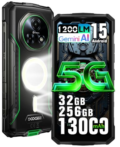 DOOGEE Fire 7 Pro 5G Outdoor Handy Ohne Vertrag mit POC,1200LM Campingleuchten, 13000mAh/33W Android 15 Baustellenhandy,32GB+256GB/2TB,64MP AI Kamera,6.6'' HD+90Hz Outdoor Smartphone,IP68/NFC (Grün)