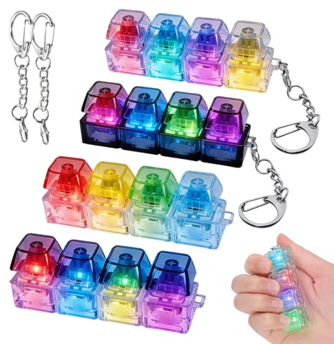 4Pcs Keyboard Fidget Toy, Mini Fidget Toys for Adults with LED light | Clicker Fidget Keyring Anxiety Relief Gifts for Adults, Keychain Decompression Toys for Office, School, Home and Travel