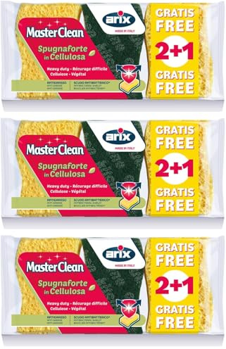 ARIX | 3 Spugne Abrasive In Cellulosa Vegetale della Linea MasterClean con Trattamento Antibatterico e Antigrasso, Spugne per Puliza Sporco Ostinato, Spugne Cucina, 3 Pezzi - Made In Italy