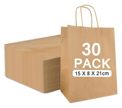 30 Stück Papiertüten Geschenktüten, Braun Kraft Papiertaschen Geschenktüten, 15x21x8cm Papiertragetasche, Geschenktaschen zum Verpacken Einkaufen Geburtstag Partys Hochzeit Weihnachten