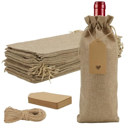 YIXNSW 30 stycken jutevinpåsar med dragsko, 15 x 35 cm säckväv vinpåse med hänge och snöre, vinflaskpåse presentpåsar flaskor för bröllop festliga flaskpåsar jul