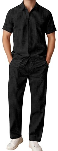 LecGee All Black 2 Piece Suits For Men Lapel Collar Short Sleeves Shirt and Matching 2 Slant Pockets Pants(Black,XX-Large)