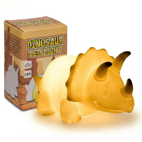 MIJOMA LED Nachtlicht Dinosaurier – Stimmungslicht Triceratops | Deko Lampe – Schlummerlicht mit Batterie – LED Lampe Dinos aus Kunststoff – ca. 16 cm hoch