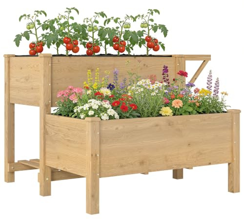 Outsunny Hochbeet 2-Stufig mit Seitentisch 119,5 x 102 x 76,5 cm Hellbraun | Erhöhter Pflanzkasten, Vliesstoff, Abflussloch, Holz Gemüsebeet, Hoher Blumenkasten, Garten Balkon