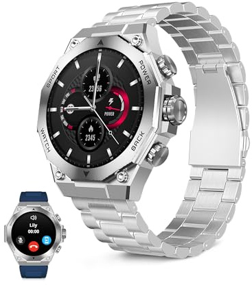 KSIX Smartwatch Titanium Go - Reloj Inteligente Hombre Pantalla AMOLED 1.43, Diseño Cronógrafo, Llamadas, IP67, Compatible con iPhone® y Android®, 2 Correas Acero Plateada y Silicona Azul