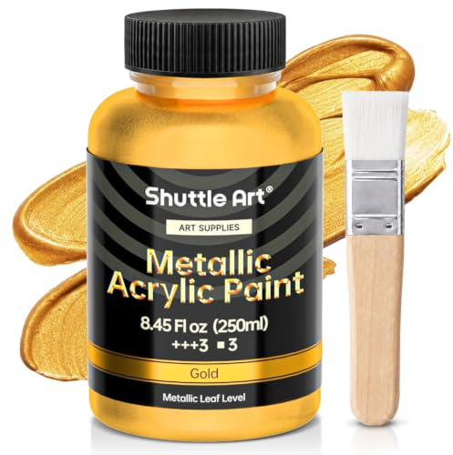 Shuttle Art Gold Acrylfarbe, Acrylfarbe Gold (250ml, 8,45oz) mit 1 Pinsel, Metallic Acrylfarben Set für Kinder, Erwachsene zum Basteln, Malen, Dotting auf Leinwand, Holz, Stein, Halloween, Goldfarbe