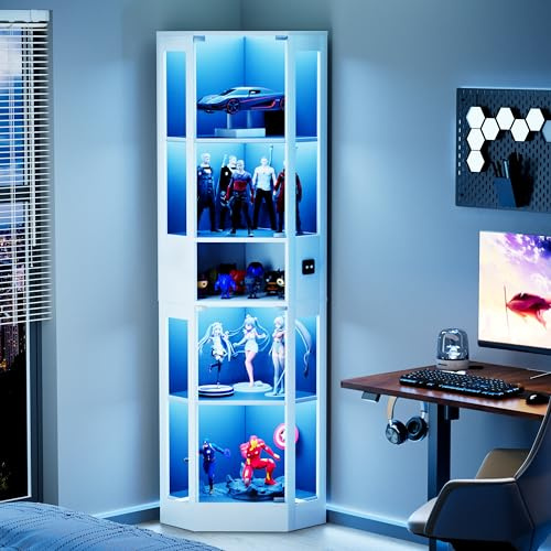 Mrwoo Glasvitrine Vitrinenschrank mit LED, Eckvitrine Vitrine mit Intelligente Sensorik, 5 Lagen Chaukasten Staubdicht, Bücherregal Sammlervitrine für Schlafzimmer, 57x40x165 cm (Weiß)