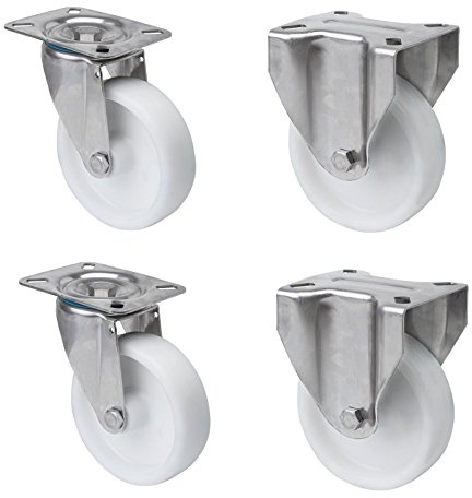 Satz je 2 Transportgeräterolle Bockrolle Lenkrolle Edelstahl 80 mm Rad aus Polyamid Anschraubplatte V2A INOX Edelstahlrolle Polyamidrad