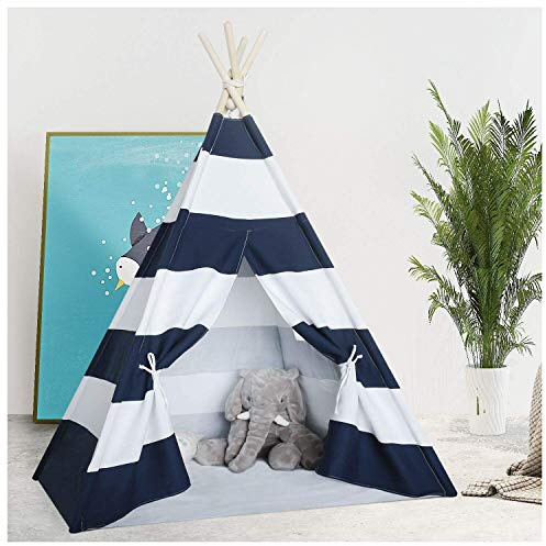 Tanen Tech Kids Teepee Tent Indoor - Navy Stripe Teepee for Boys & Girls, 3 - 14 Years