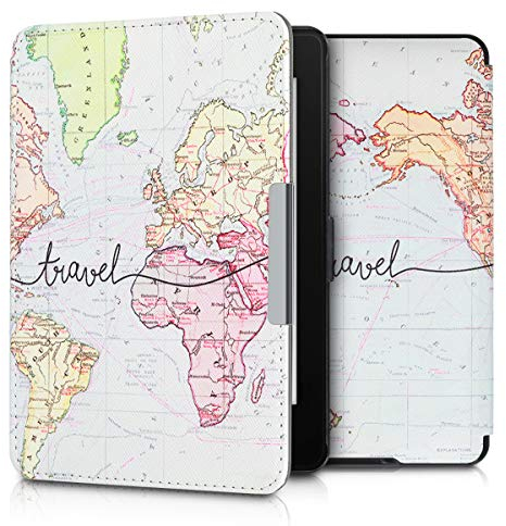 kwmobile Klapphülle kompatibel mit Amazon Kindle Paperwhite Hülle - eReader Case (für Modelle bis 2017) - Travel Schriftzug Schwarz Mehrfarbig