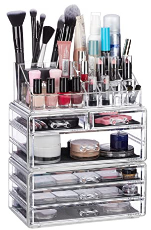 Relaxdays Set of 2 Organiser with 6 Drawers, 22 Compartments for Makeup Storage, Acrylic Cosmetic Tower, Clear