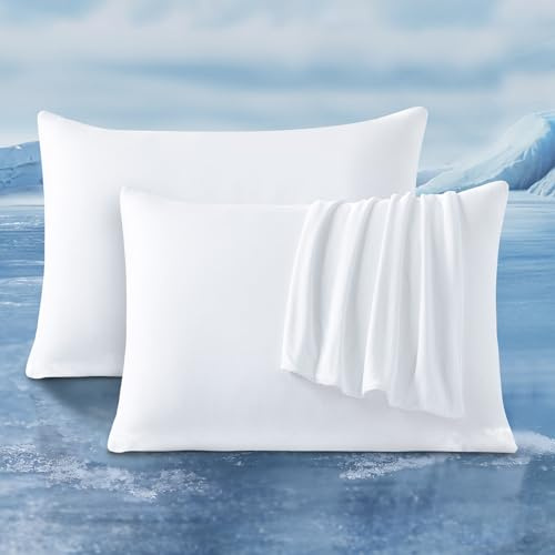 LUXEAR Kühlende Kissenbezüge, Queen-Size-Größe, 2 Stück, mit japanischer Q-Max 0,5 Arc-Chill Kühlfaser, atmungsaktiv, weich, kühlend, umweltfreundlich, versteckter Reißverschluss, 50,8 x 76,2 cm, Weiß