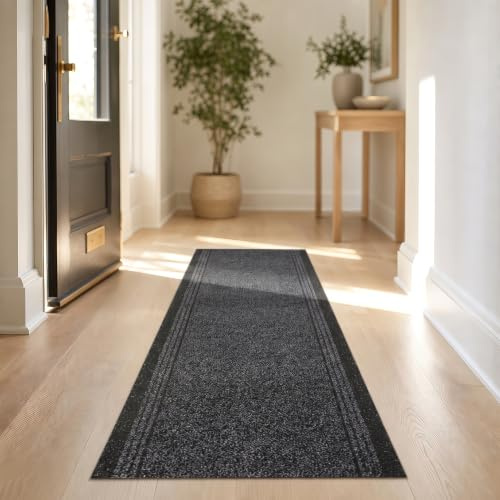 Bravich Sydney Charcoal Hallway Runner - Washable Non-Slip Rubber Backed Carpet Mat - Indoor Outdoor Stair Kitchen Runner - 9mm Pile Height - 2'2x6'FT (66x183cm)