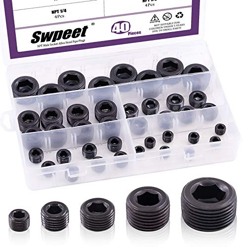 Swpeet 40Pcs 5 Sizes NPT Carbon Steel Pipe Fitting Assortment Kit, 1/8 1/4 3/8 1/2 3/4 NPT Plug Carbon Steel Internal Hex Thread Socket Pipe Plug Set for Use in Wet Environments