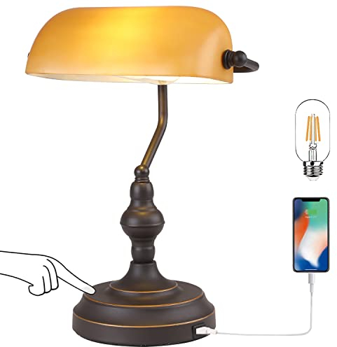 Liylan Lampe de bureau de banque à contrôle tactile, lampes de banquiers vintage avec port USB, 3 voies à intensité variable, lampe de bureau de bibliothèque de ferme, lampe de bureau en bronze huilé
